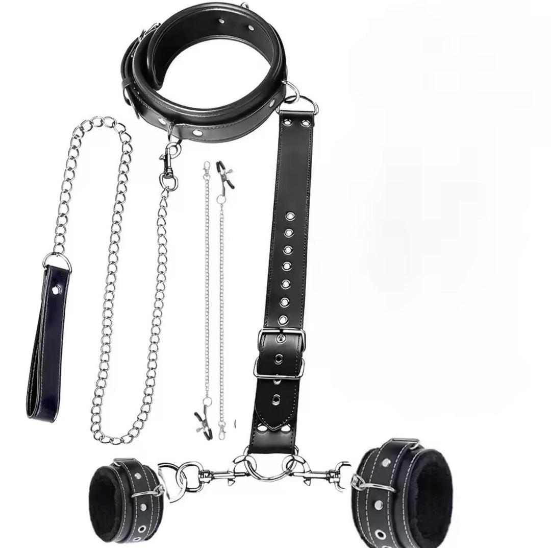 Submission Collar Harness with Cuffs &amp; Nipple Clips