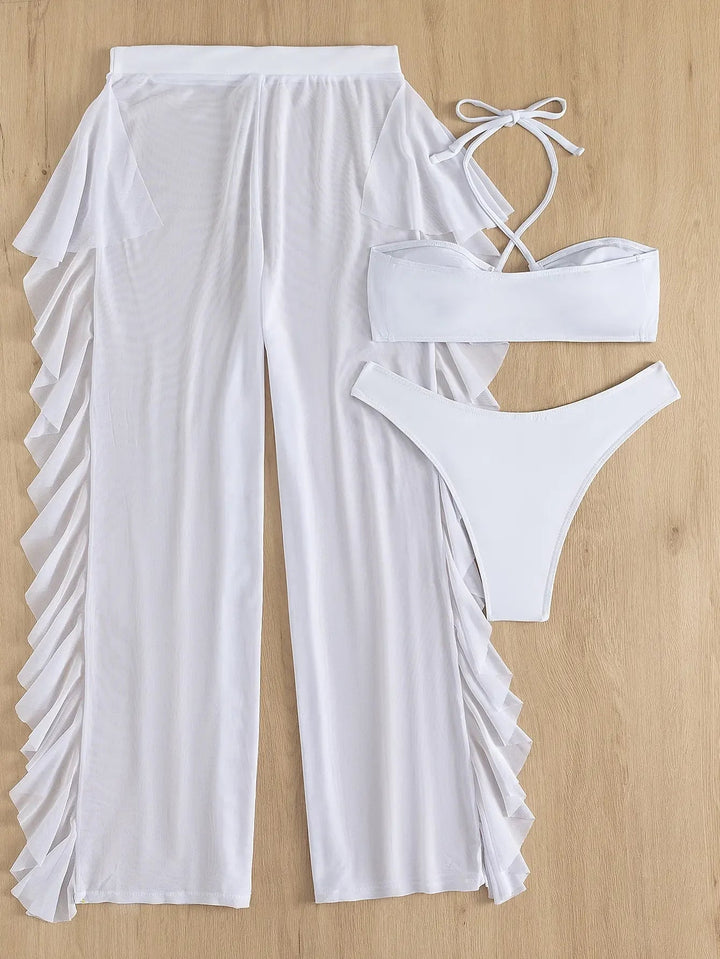 3-Piece Halter Neck Bikini Set with Mesh Pants