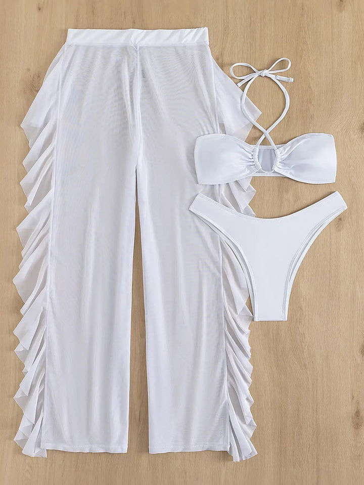 3-Piece Halter Neck Bikini Set with Mesh Pants