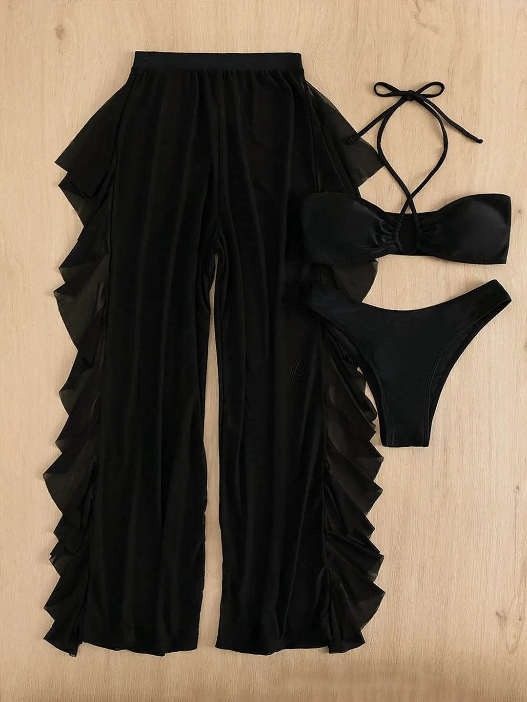3-Piece Halter Neck Bikini Set with Mesh Pants
