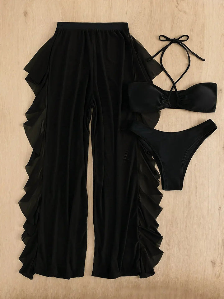 3-Piece Halter Neck Bikini Set with Mesh Pants