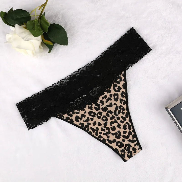 Leopard Print Lace Trim Thong