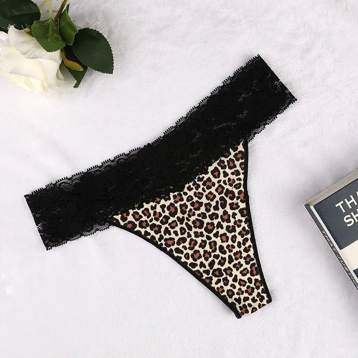 Leopard Print Lace Trim Thong