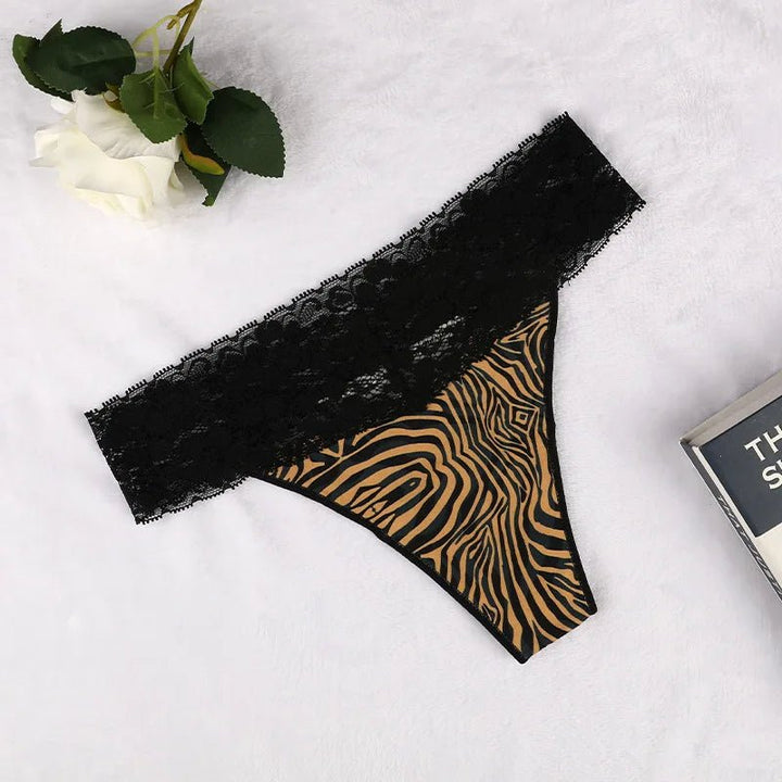 Leopard Print Lace Trim Thong