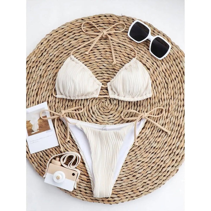 Beige Ribbed Bikini with Adjustable Tie Straps