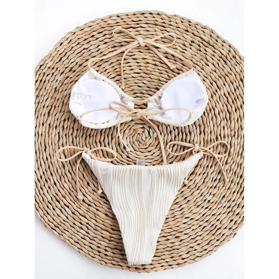 Beige Ribbed Bikini with Adjustable Tie Straps