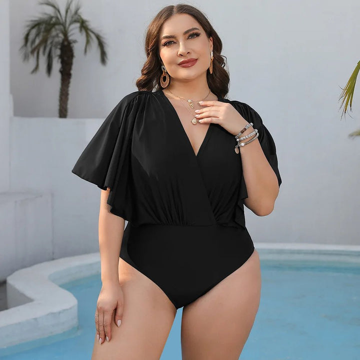 Black One-Piece Swimsuit with V-Neckline and Ruffle Sleeves