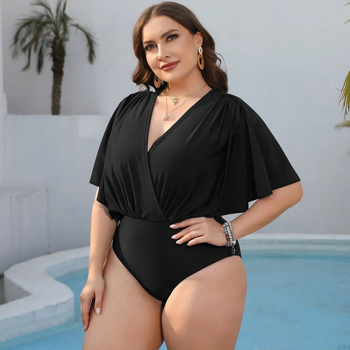 Black One-Piece Swimsuit with V-Neckline and Ruffle Sleeves