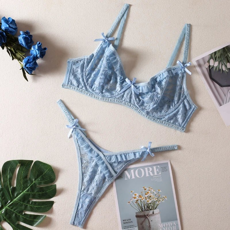 Blue Lace Lingerie with Floral Details