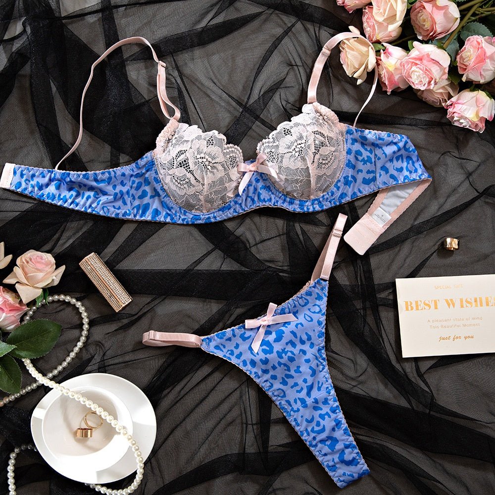 Blue Leopard Print &amp; Lace Lingerie Set with Underwire Support