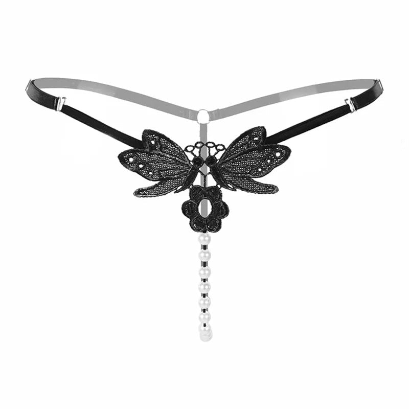 Butterfly lace thong with pearl details