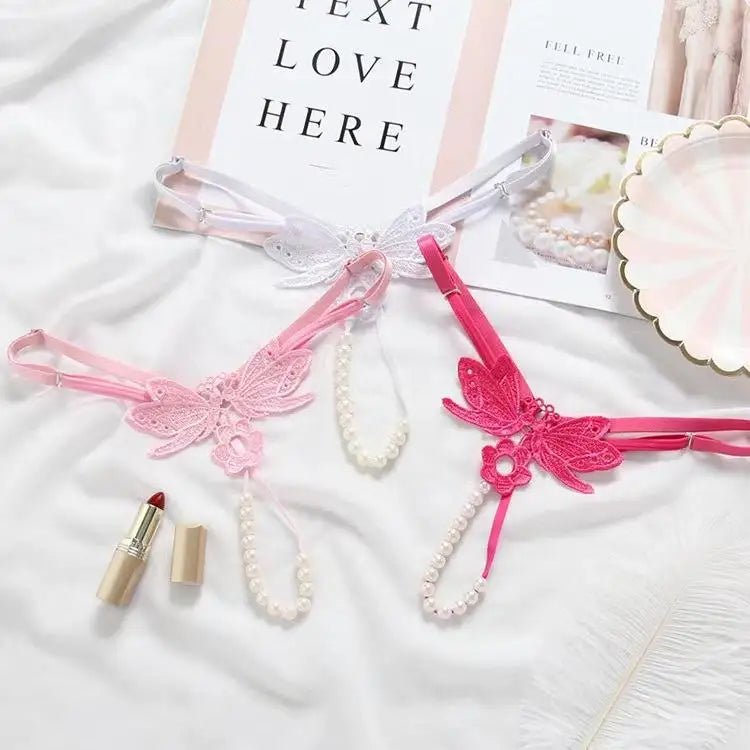 Butterfly lace thong with pearl details