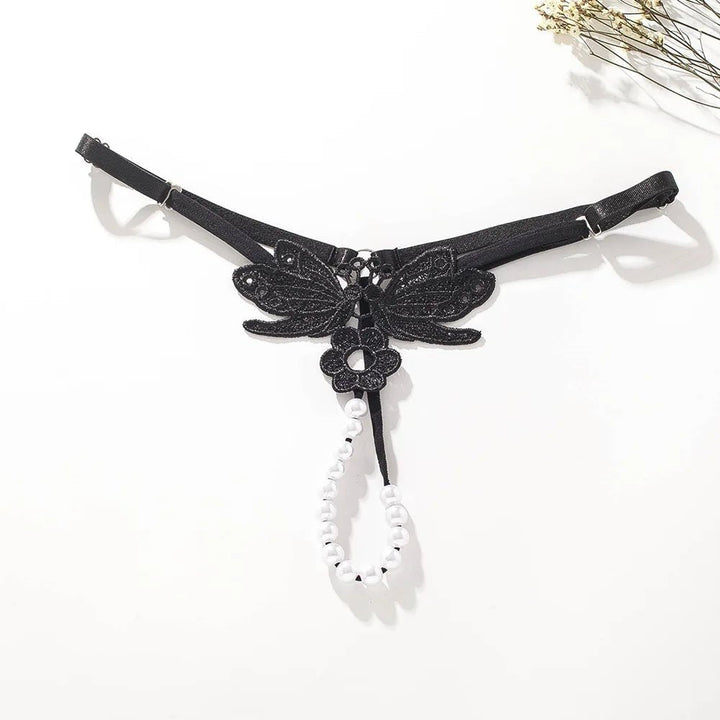 Butterfly lace thong with pearl details