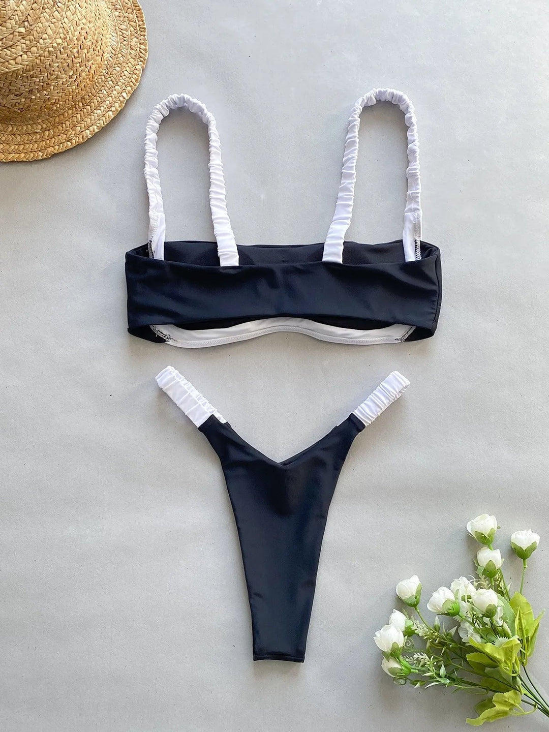 Chic Black and White Bikini Set with Square-Neck Top