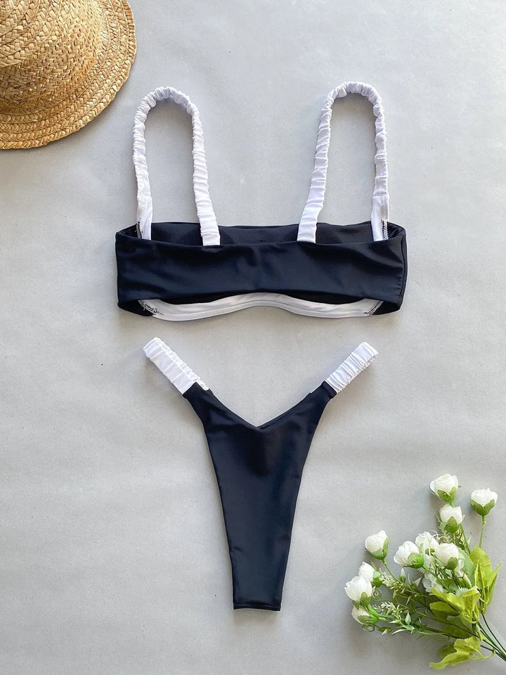 Chic Black and White Bikini Set with Square-Neck Top