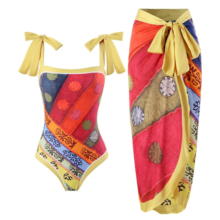 Colorful Patchwork Swimsuit Set with Bow-Tie Straps &amp; Matching Sarong