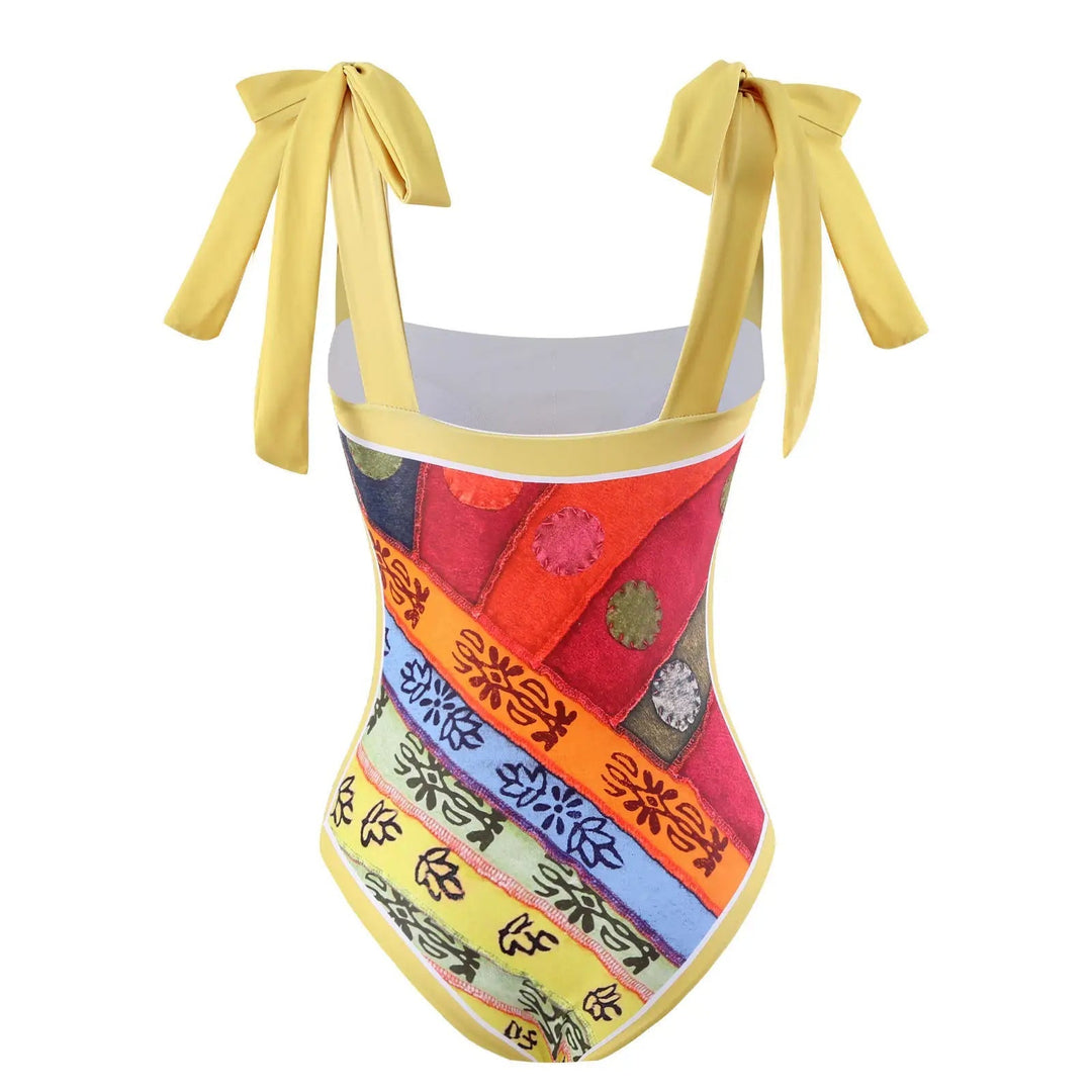 Colorful Patchwork Swimsuit Set with Bow-Tie Straps &amp; Matching Sarong