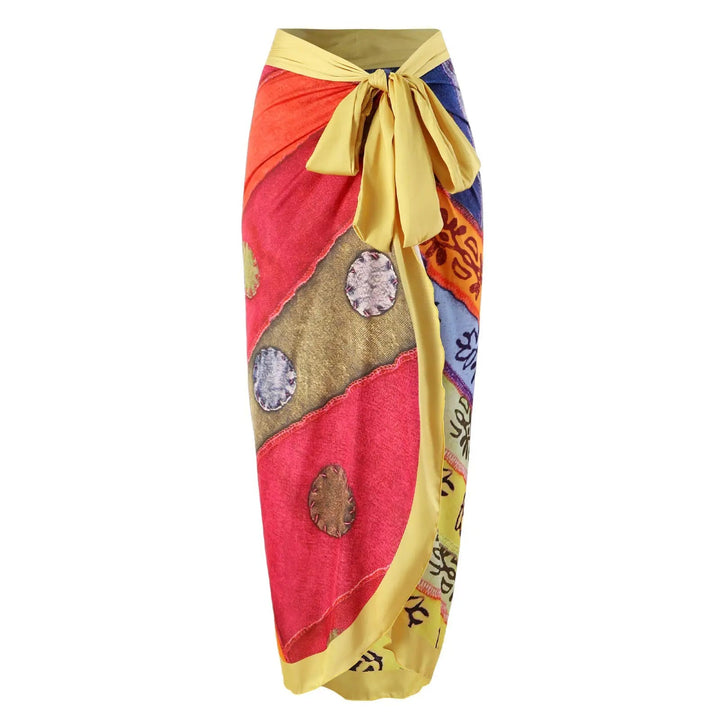 Colorful Patchwork Swimsuit Set with Bow-Tie Straps &amp; Matching Sarong