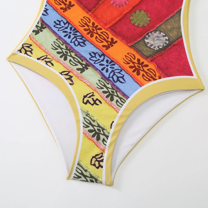 Colorful Patchwork Swimsuit Set with Bow-Tie Straps &amp; Matching Sarong