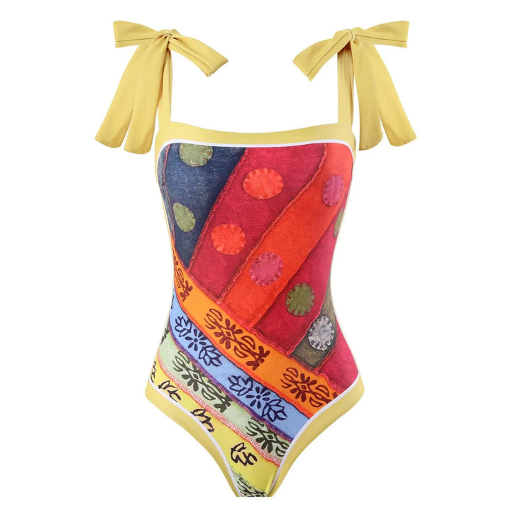 Colorful Patchwork Swimsuit Set with Bow-Tie Straps &amp; Matching Sarong