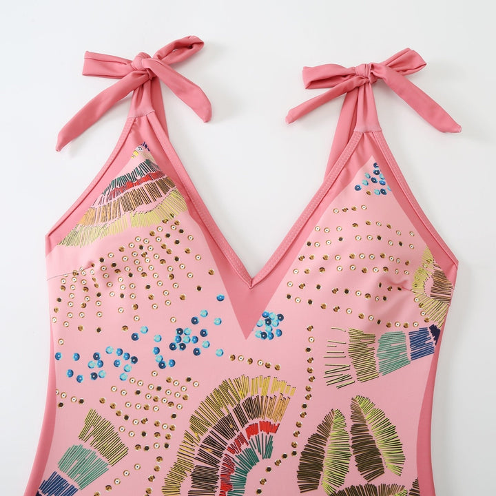 Eco-Friendly Pink One-Piece Swimsuit with Abstract Pattern &amp; Matching Sarong