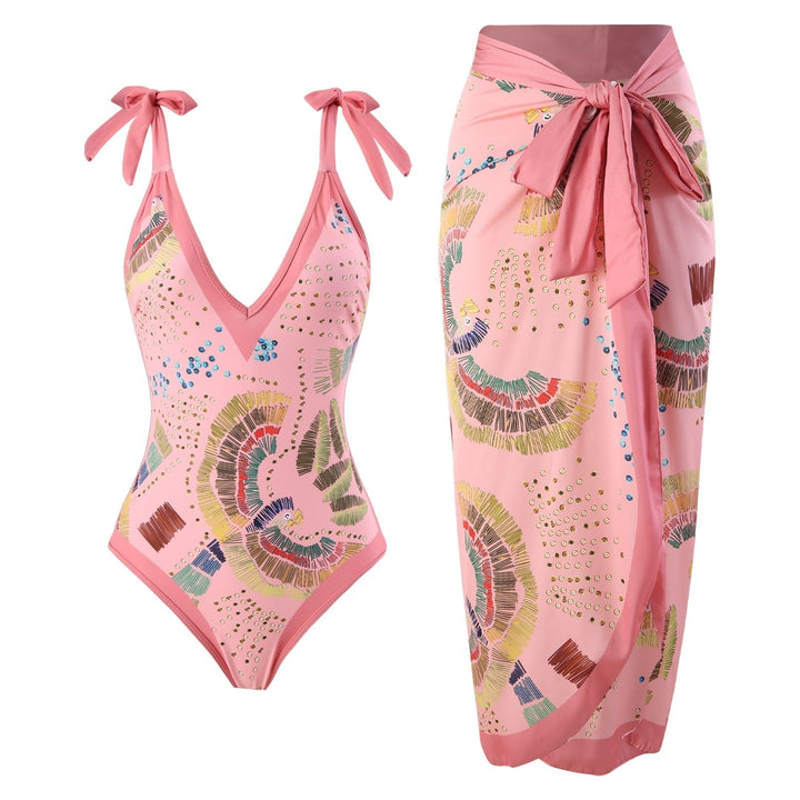 Eco-Friendly Pink One-Piece Swimsuit with Abstract Pattern &amp; Matching Sarong
