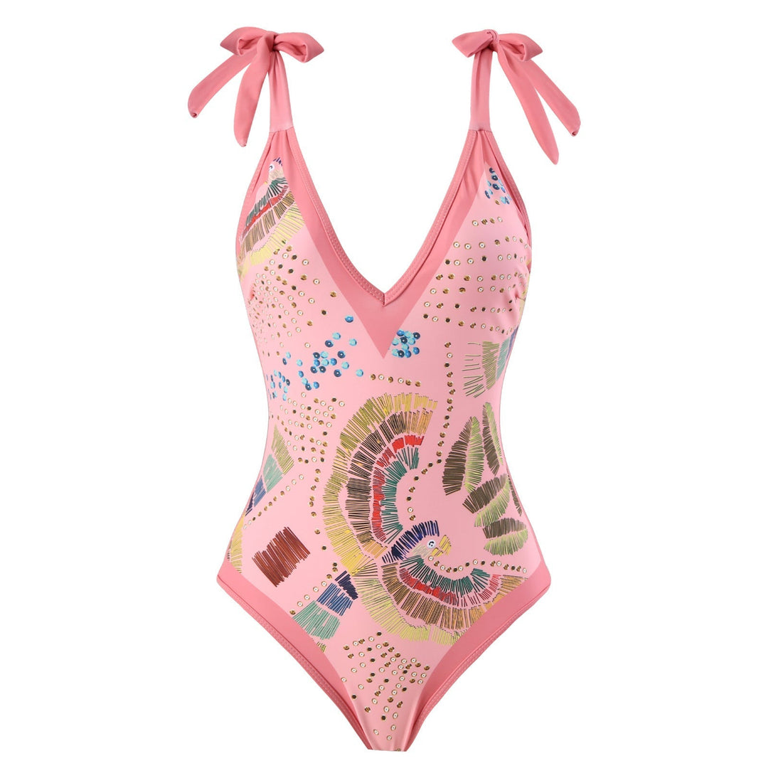 Eco-Friendly Pink One-Piece Swimsuit with Abstract Pattern &amp; Matching Sarong