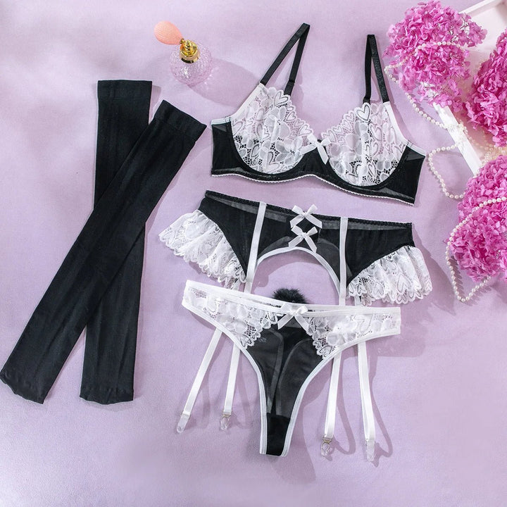 Elegant lace lingerie set consisting of a bra, high waisted garter belt and panties
