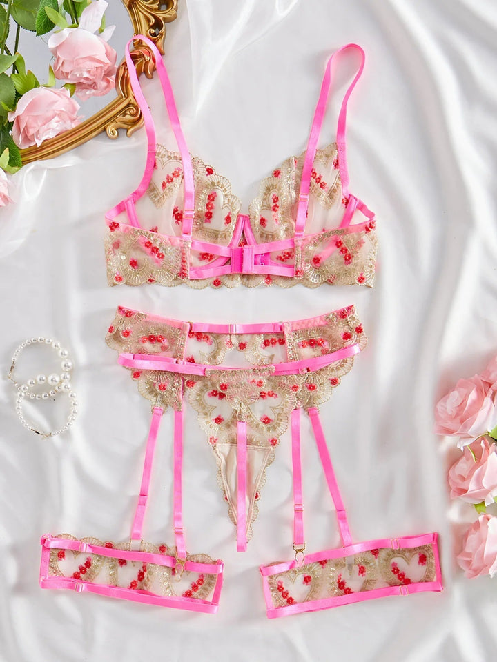 Elegant lace lingerie set with pink accents