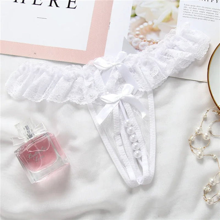 Elegant Lace Thong with Bows &amp; Pearl Detailing