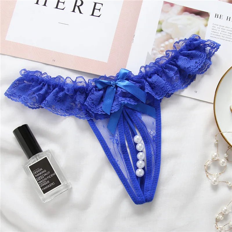 Elegant Lace Thong with Bows &amp; Pearl Detailing