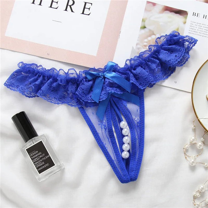Elegant Lace Thong with Bows &amp; Pearl Detailing