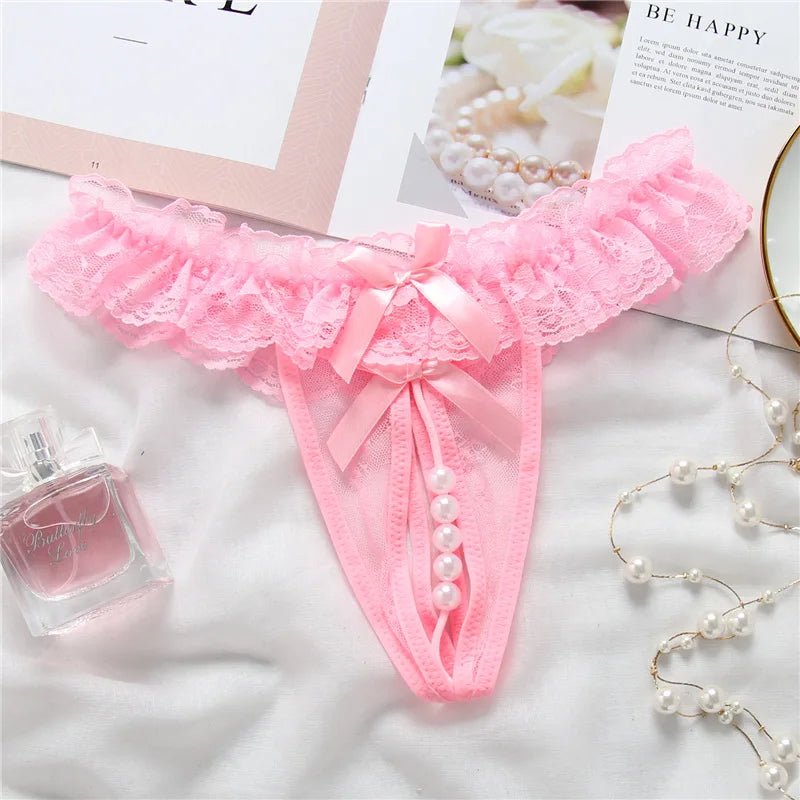 Elegant Lace Thong with Bows &amp; Pearl Detailing