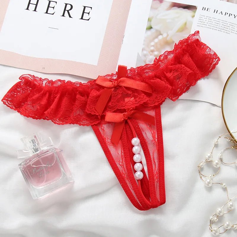 Elegant Lace Thong with Bows &amp; Pearl Detailing