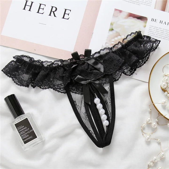 Elegant Lace Thong with Bows &amp; Pearl Detailing