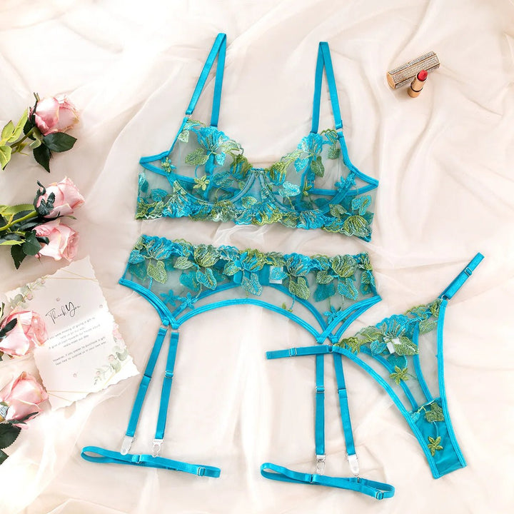 Exquisite Floral Embroidered Lingerie Set