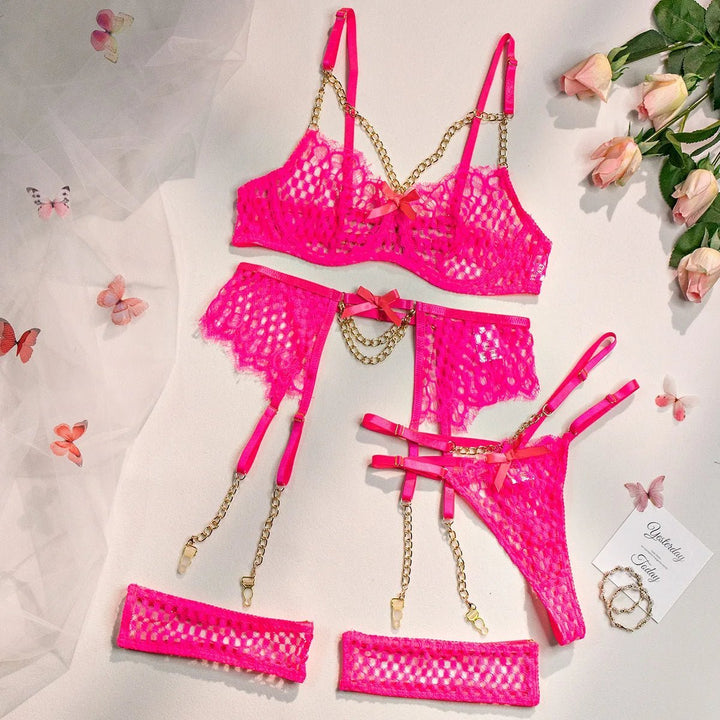 Exquisite lace lingerie set with gold chains