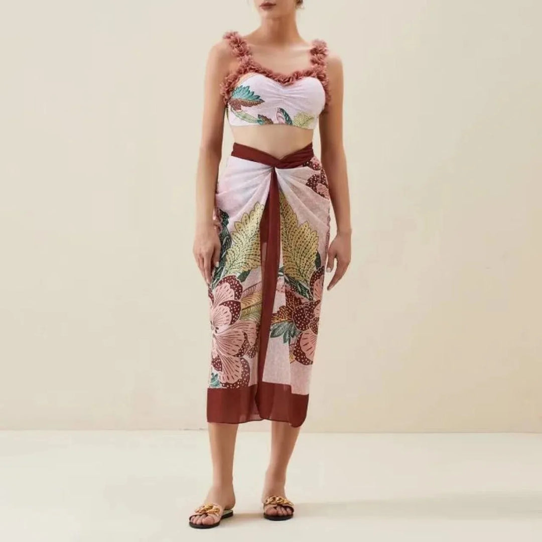 Floral Ruffled Bikini Set with Matching Sarong