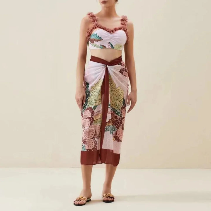 Floral Ruffled Bikini Set with Matching Sarong