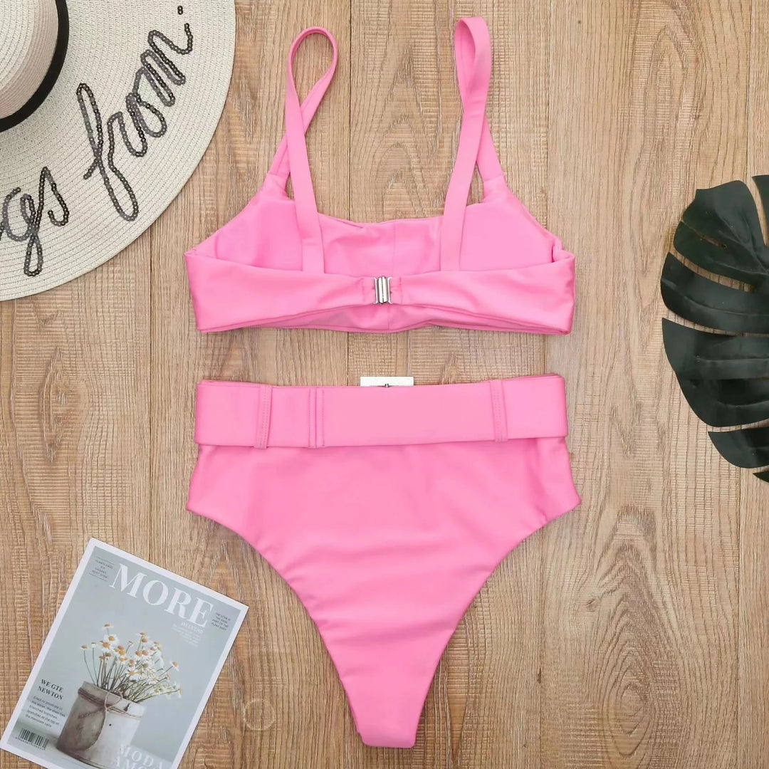 High-Waisted Bikini Set with Rhinestone Buckle