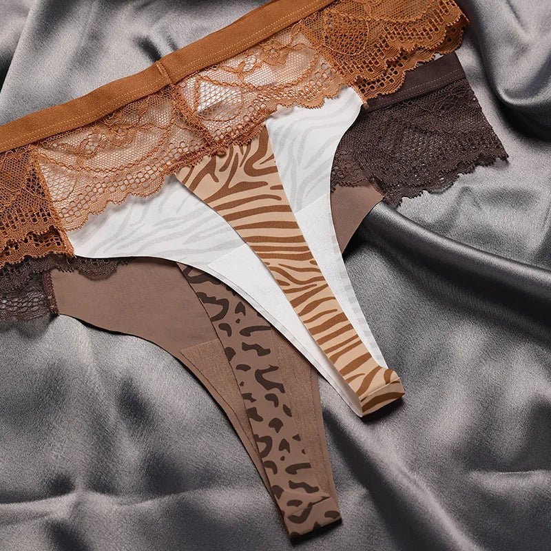 Lace Trim Animal Print Thongs