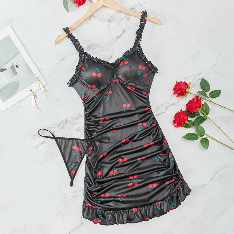 Mini Dress with Cherry Print and Feminine Ruffles