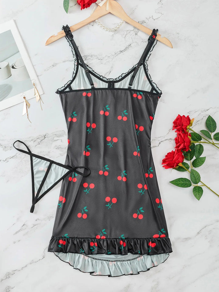 Mini Dress with Cherry Print and Feminine Ruffles