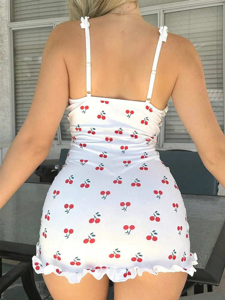 Mini Dress with Cherry Print and Feminine Ruffles