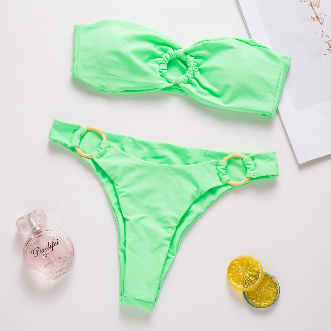 Neon Green Bandeau Bikini with Ring Detail
