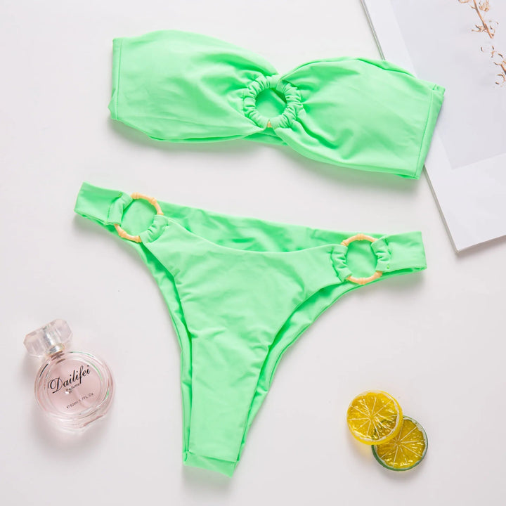 Neon Green Bandeau Bikini with Ring Detail