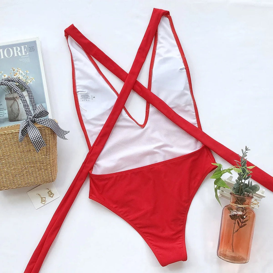 One-Piece Swimsuit with V-Neck and Crossed Straps