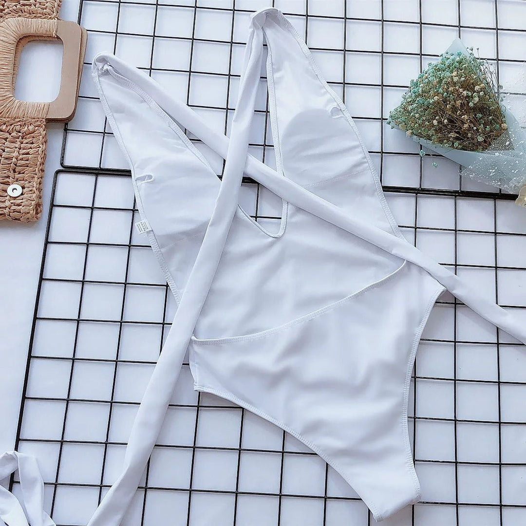 One-Piece Swimsuit with V-Neck and Crossed Straps