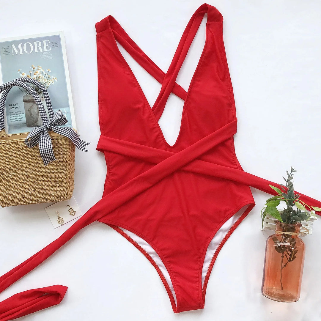 One-Piece Swimsuit with V-Neck and Crossed Straps