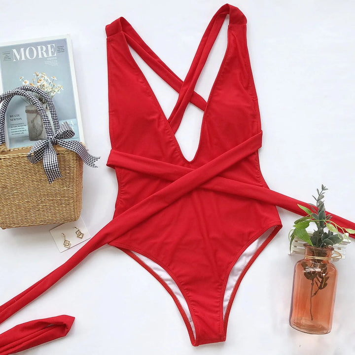 One-Piece Swimsuit with V-Neck and Crossed Straps
